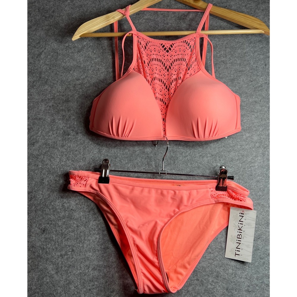 TiNiBiKiNi Tiger Lily Coral Crochet High Neck Bikini Set Bathing Suit Size XL